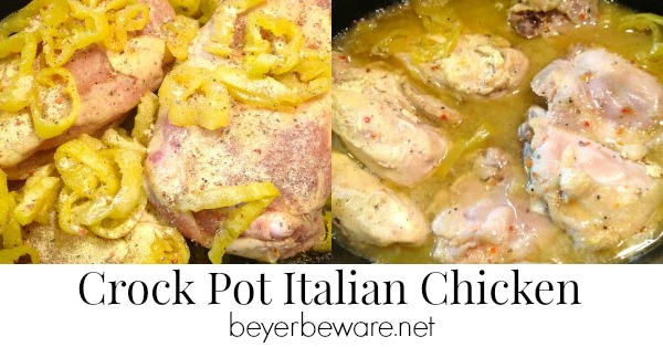 A simple crock pot Italian chicken recipe with three ingredients that is full of flavor and cooks all day in the crock pot.