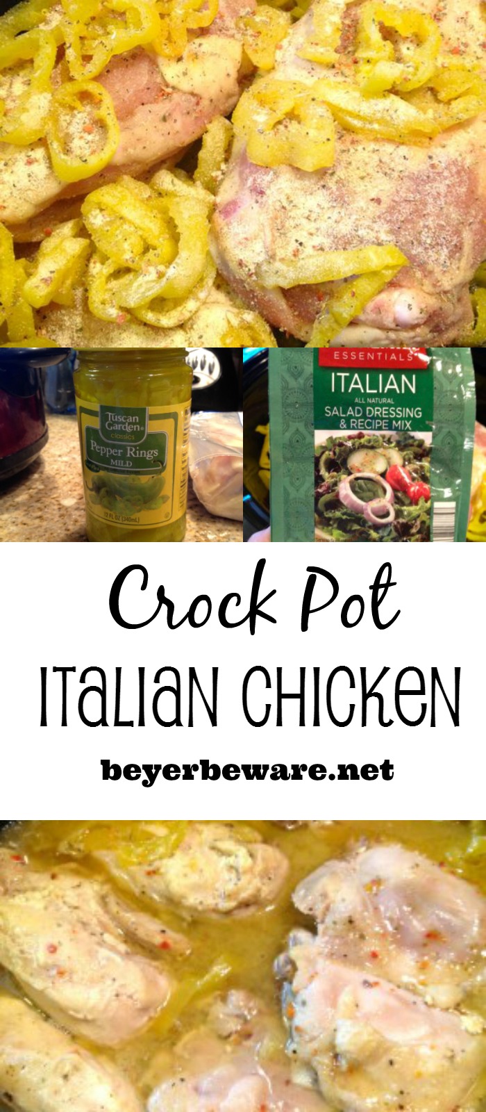 A simple crock pot Italian chicken recipe with three ingredients that is full of flavor and cooks all day in the crock pot.