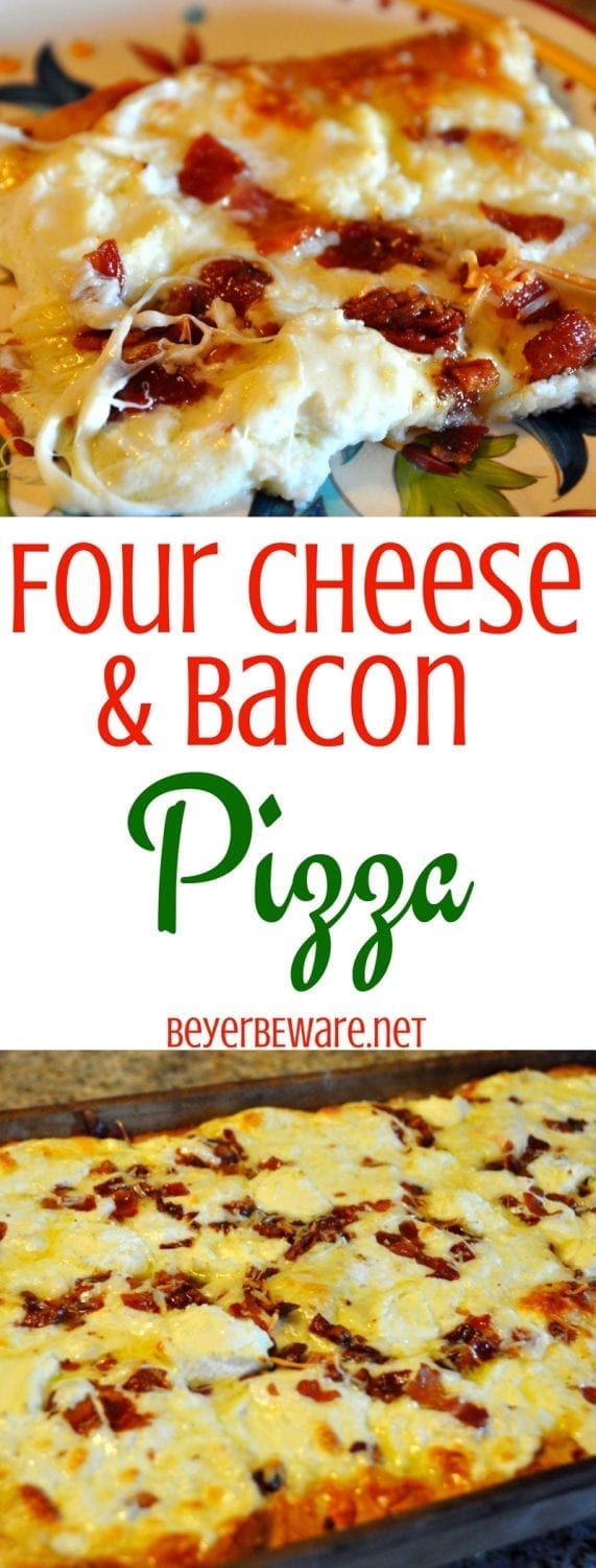 Are you a lover of Quattro Formaggio Pizza? We are obsessed with this super cheesy and bacon pizza. Check out this four cheese and bacon pizza.