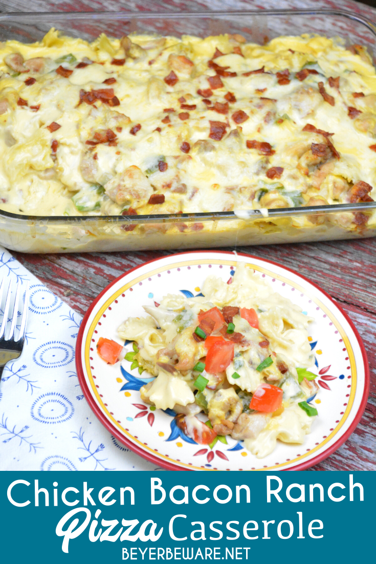 Chicken bacon ranch pizza casserole recipe is a hearty casserole that is perfect for chilly evenings or sports team dinners. Everyone will love it and come back for seconds.