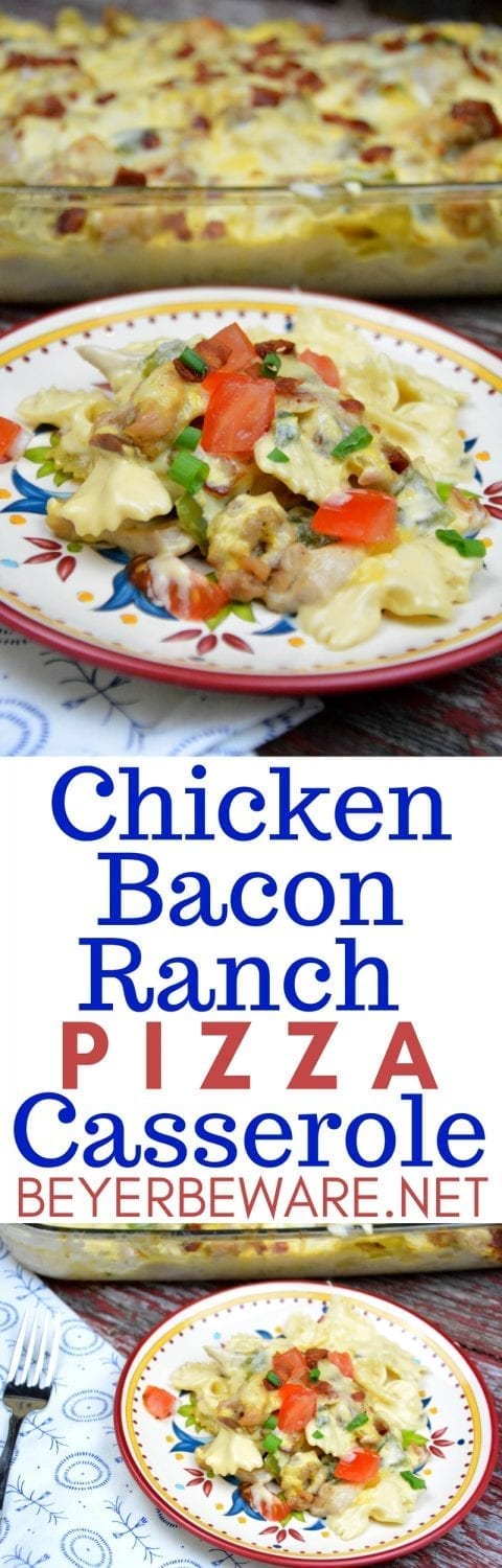 If you love white chicken pizza like the bacon chicken ranch pizza, you will love this chicken bacon ranch pizza casserole that creates this creamy chicken and pasta casserole.