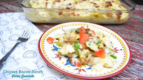 Chicken bacon ranch pizza casserole recipe is a hearty casserole that is perfect for chilly evenings or sports team dinners. Everyone will love it and come back for seconds.