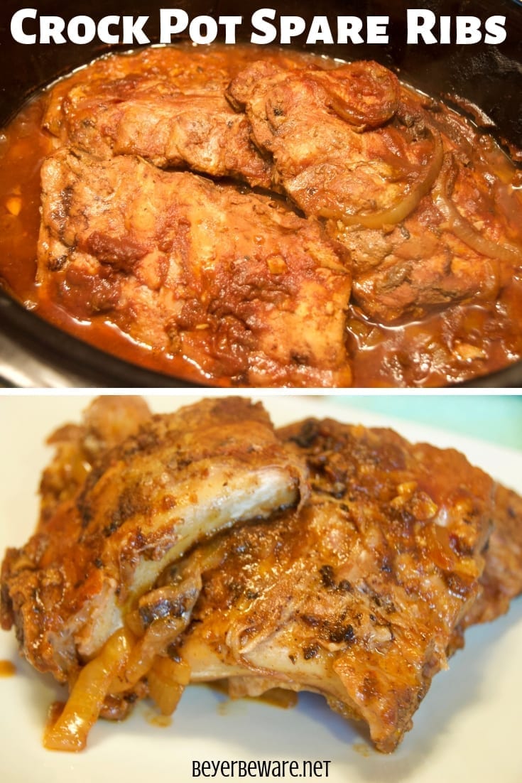 Slow Cooker Spare Ribs recipe combines a spicy barbeque sauce with root beer for a perfect fall off the bone pork ribs after 8 short hours in the crock pot. #CrockPot #Ribs #BBQ #SlowCooker #Pork