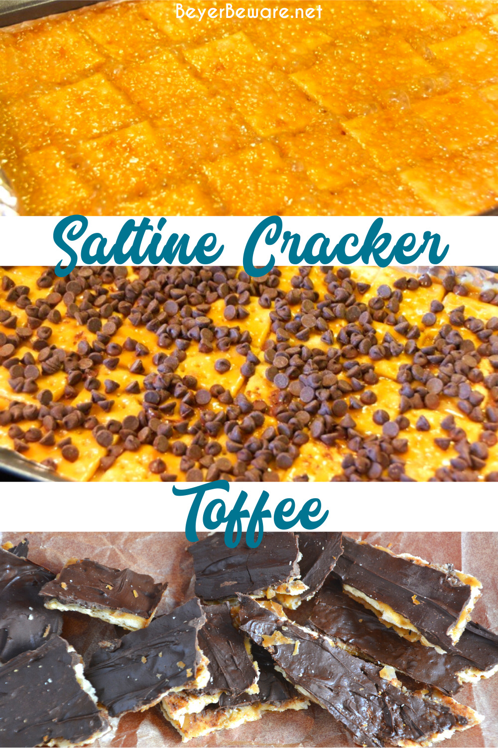 Saltine cracker toffee is a four-ingredient candy recipe that is easy to make with saltine crackers, butter, brown sugar, and chocolate chips and baked quickly before being broken into pieces.