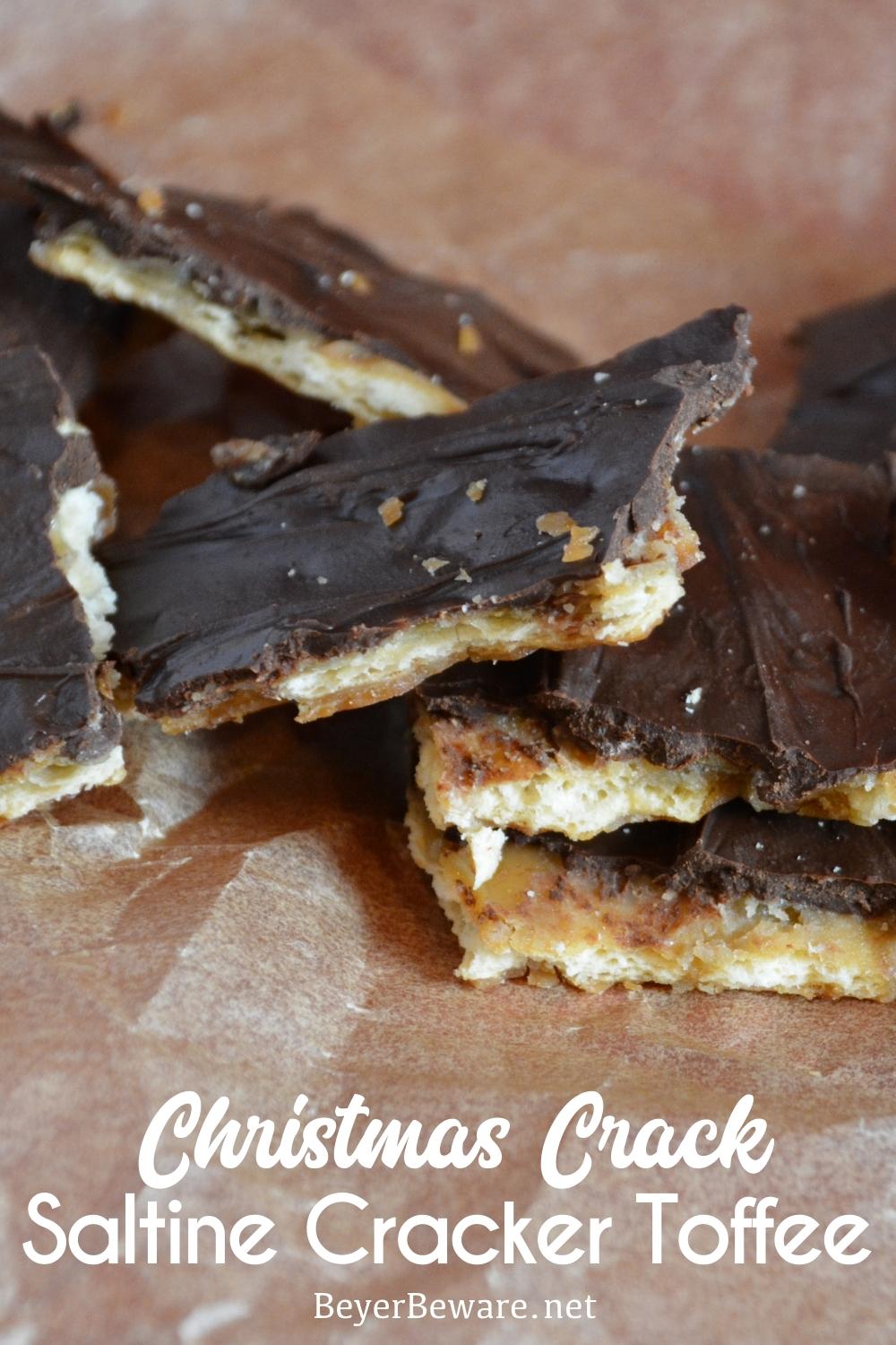 Saltine cracker toffee is a four-ingredient candy recipe that is easy to make with saltine crackers, butter, brown sugar, and chocolate chips and baked quickly before being broken into toffee pieces.