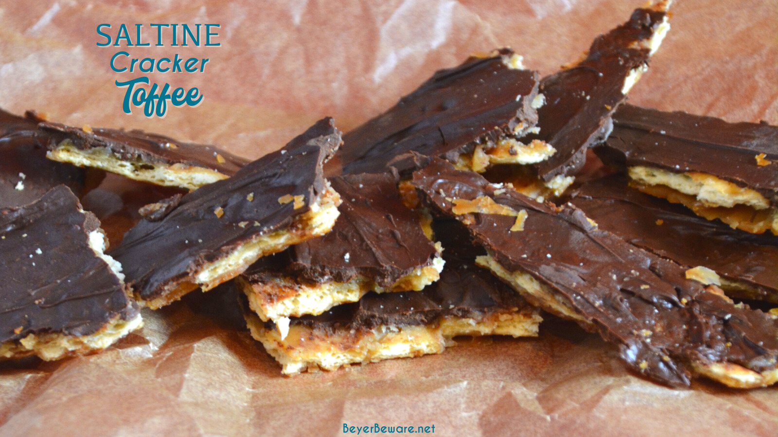 Saltine cracker toffee is a four-ingredient candy recipe that is easy to make with saltine crackers, butter, brown sugar, and chocolate chips and baked quickly before being broken into pieces.
