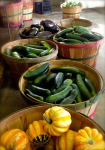 bushel baskets of vegetables