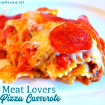 Meat lovers pizza casserole is a simple pizza pasta casserole recipe loaded with pepperoni and sausage, spaghetti sauce, and cheese.