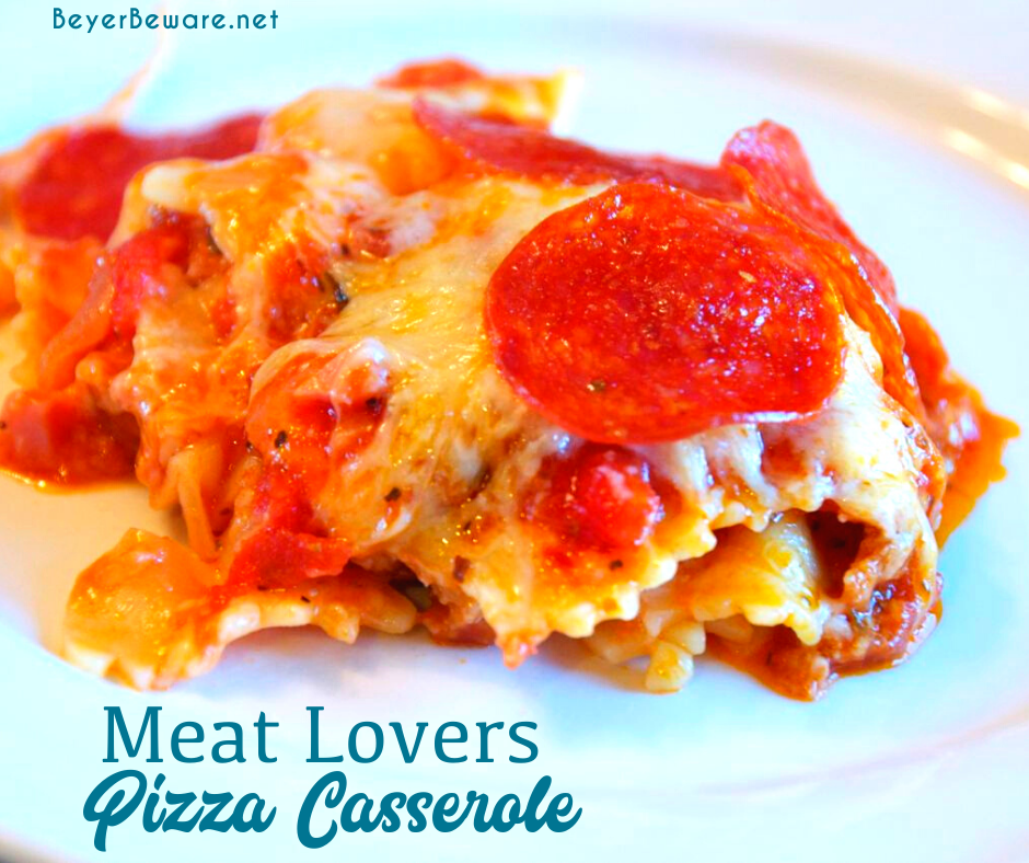 Meat lovers pizza casserole is a simple pizza pasta casserole recipe loaded with pepperoni and sausage, spaghetti sauce, and cheese.