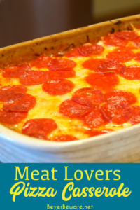 Meat lovers pizza casserole is a simple pizza pasta casserole recipe loaded with pepperoni and sausage, spaghetti sauce, and cheese.