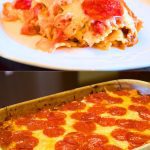 Meat lovers pizza casserole is a simple pizza pasta casserole recipe loaded with pepperoni and sausage, spaghetti sauce, and cheese.