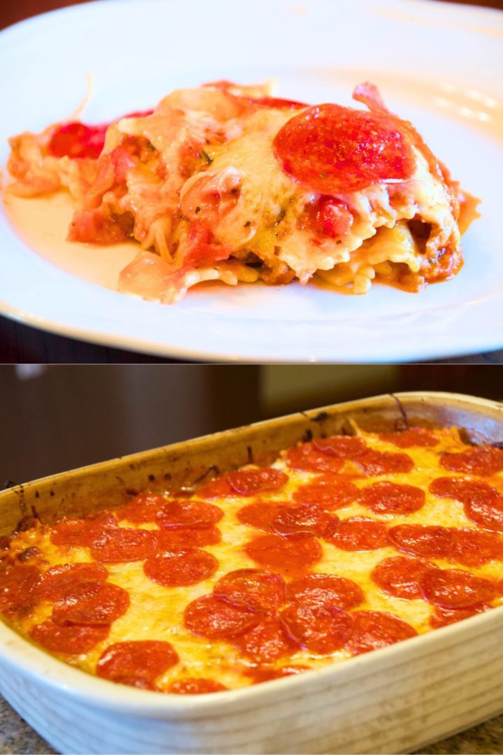 Meat lovers pizza casserole is a simple pizza pasta casserole recipe loaded with pepperoni and sausage, spaghetti sauce, and cheese.