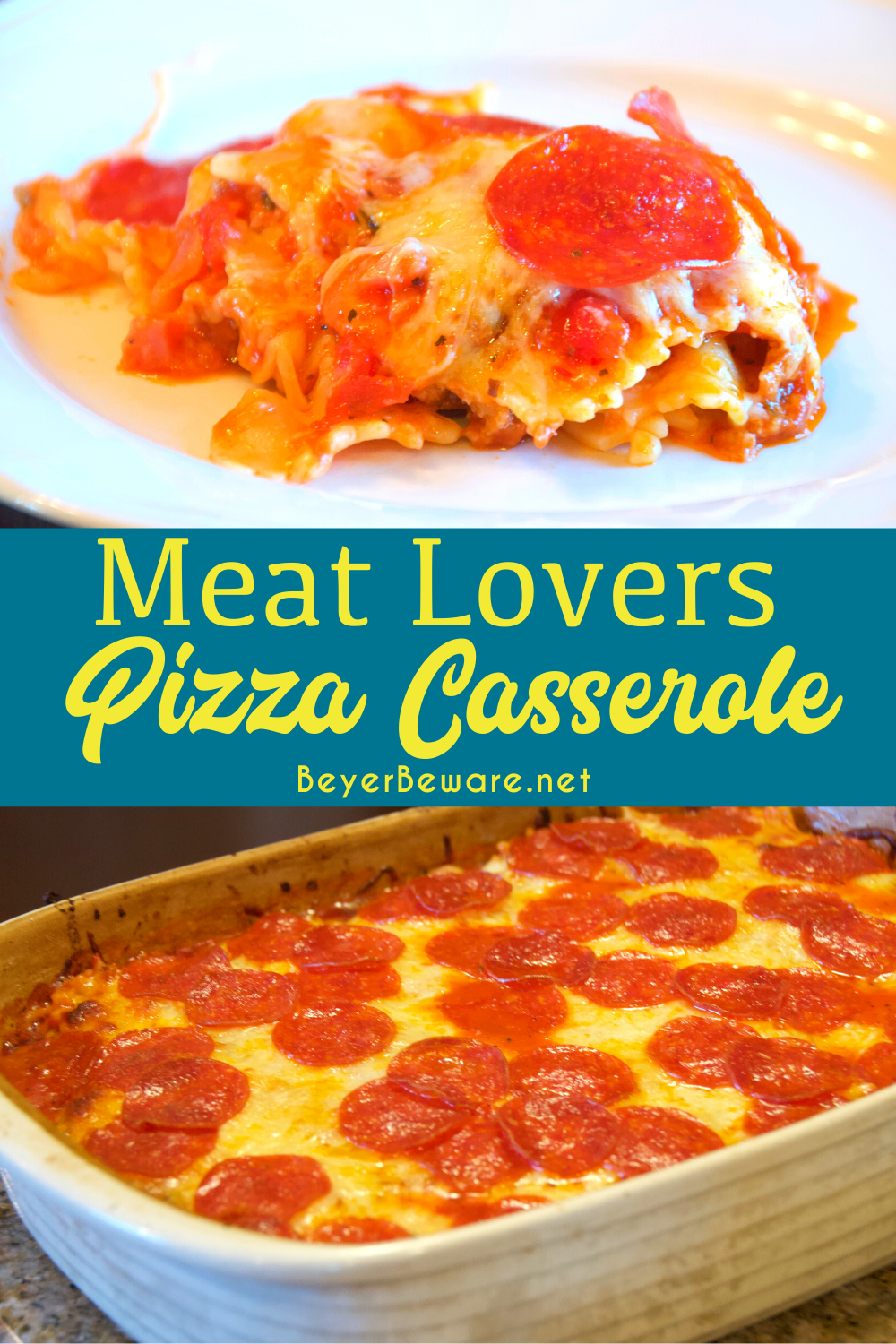 Meat lovers pizza casserole is a simple pizza pasta casserole recipe loaded with pepperoni and sausage, spaghetti sauce, and cheese.