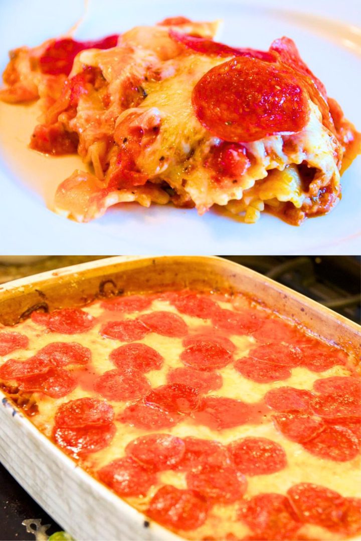 Meat lovers pizza casserole is a simple pizza pasta casserole recipe loaded with pepperoni and sausage, spaghetti sauce, and cheese.