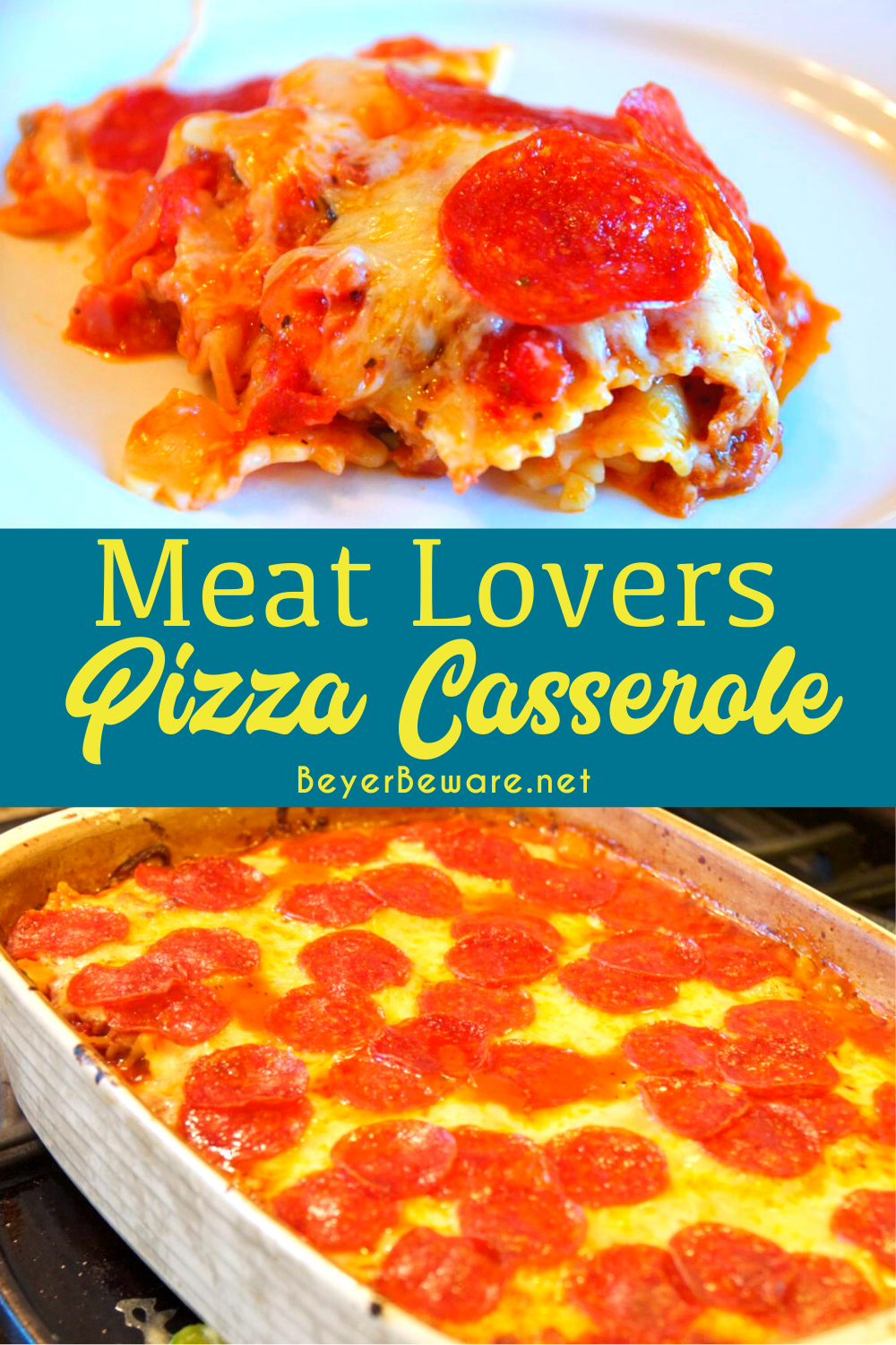 Meat lovers pizza casserole is a simple pizza pasta casserole recipe loaded with pepperoni and sausage, spaghetti sauce, and cheese.