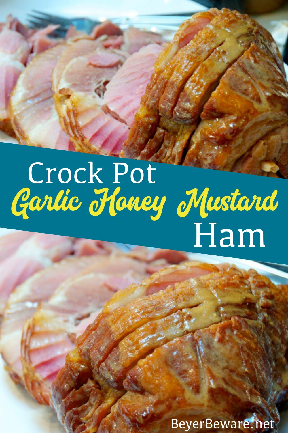 Crock Pot Garlic honey mustard ham prepared in the slow cooker is a savory ham with just a hint of sweetness from the honey. A perfect alternative for people looking for a ham recipe without pineapple.