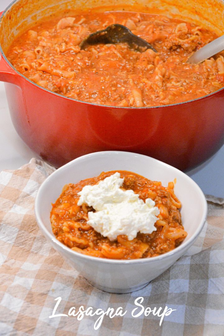 Lasagna soup recipe with ricotta is made with ground pork or beef, Italian seasonings, your favorite pasta, and topped with cheese.