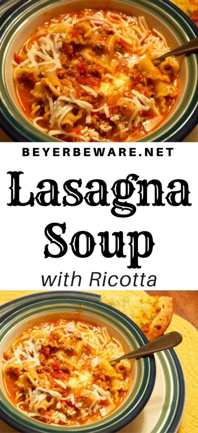 A great soup to enjoy all the flavor layers of lasagna without all the work and bake time. Lasagna soup with ricotta is hearty and rich and will fill you up on a cold day.