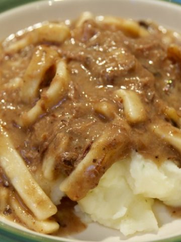 Quick Beef and Noodles over mashed potatoes