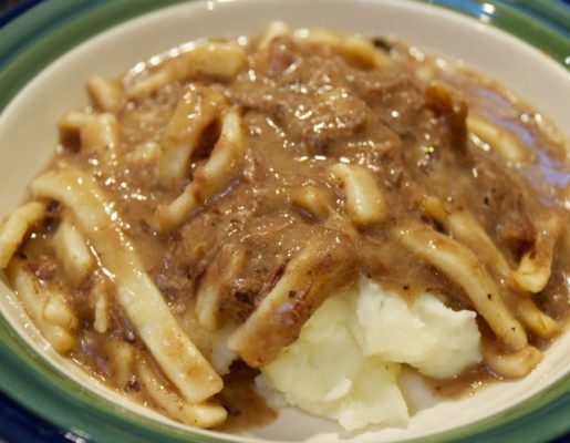 Quick Beef and Noodles over mashed potatoes