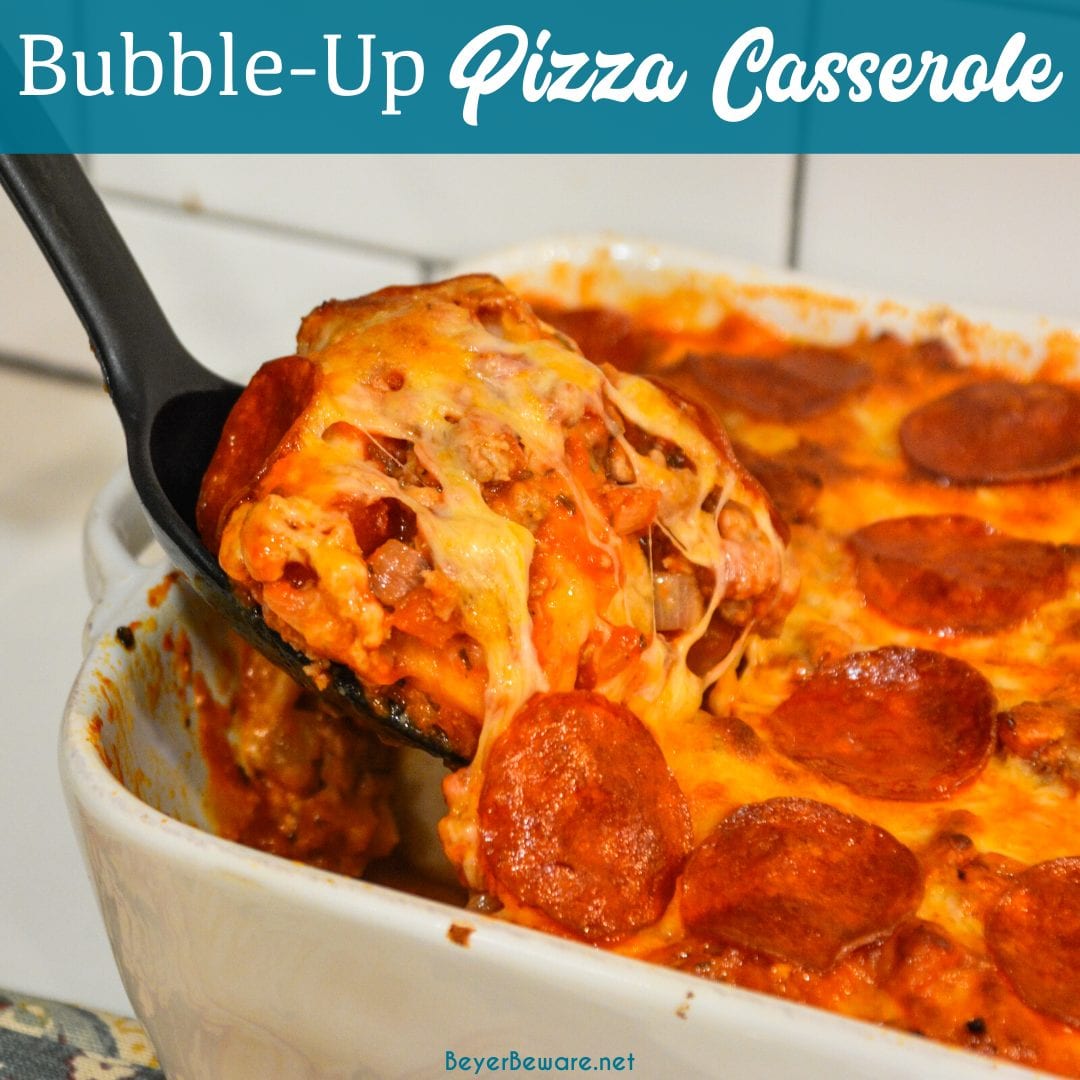 Bubble-Up pizza casserole is an easy weeknight meal since the casserole is made with grands biscuits, spaghetti sauce and your favorite pizza toppings.