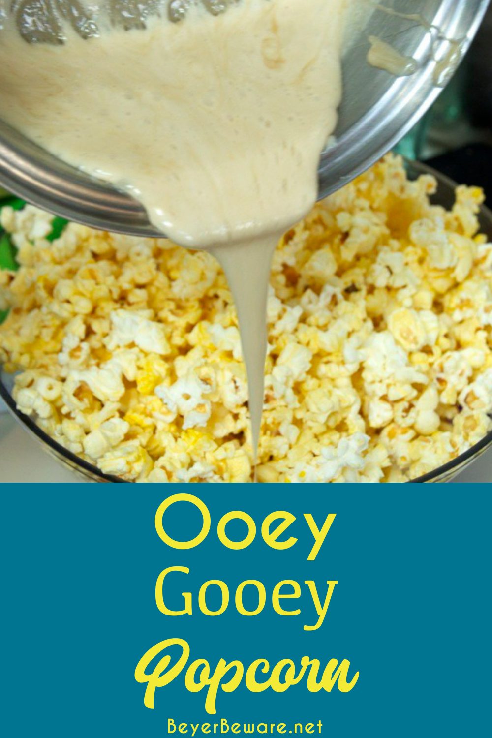 Ooey-Gooey Popcorn is made with marshmallow cream, theater popcorn, and more butter for a sweet and salty marshmallow popcorn snack.