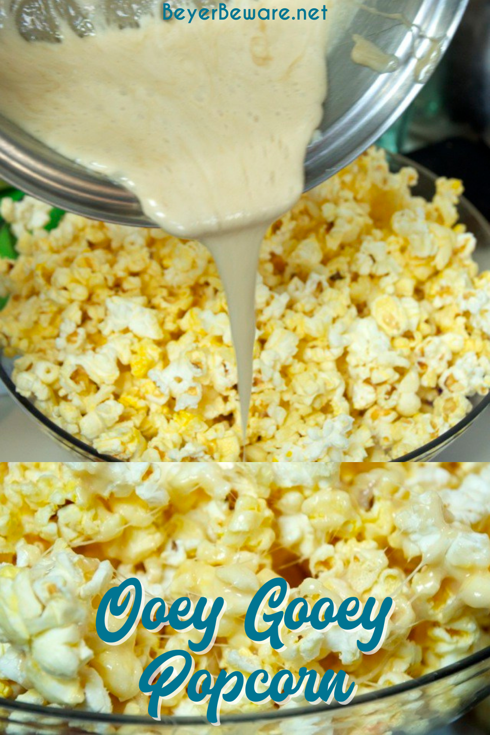 Ooey-Gooey Popcorn is made with marshmallow cream, theater popcorn, and more butter for a sweet and salty marshmallow popcorn snack. This popcorn snack is like popcorn balls in a large bowl.