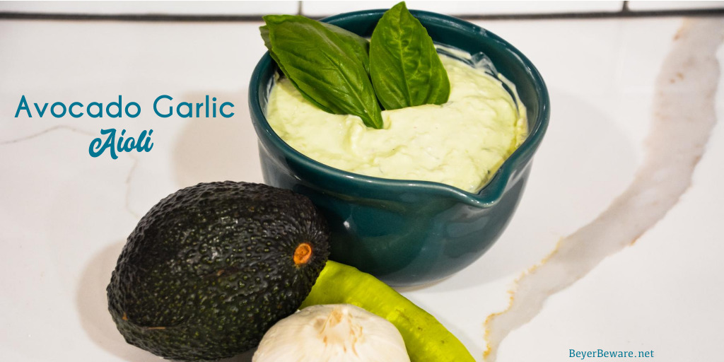 Avocado garlic aioli is a simple aioli made in the food processor with avocado, basil, mayonnaise, garlic, shallots, and lemon juice.