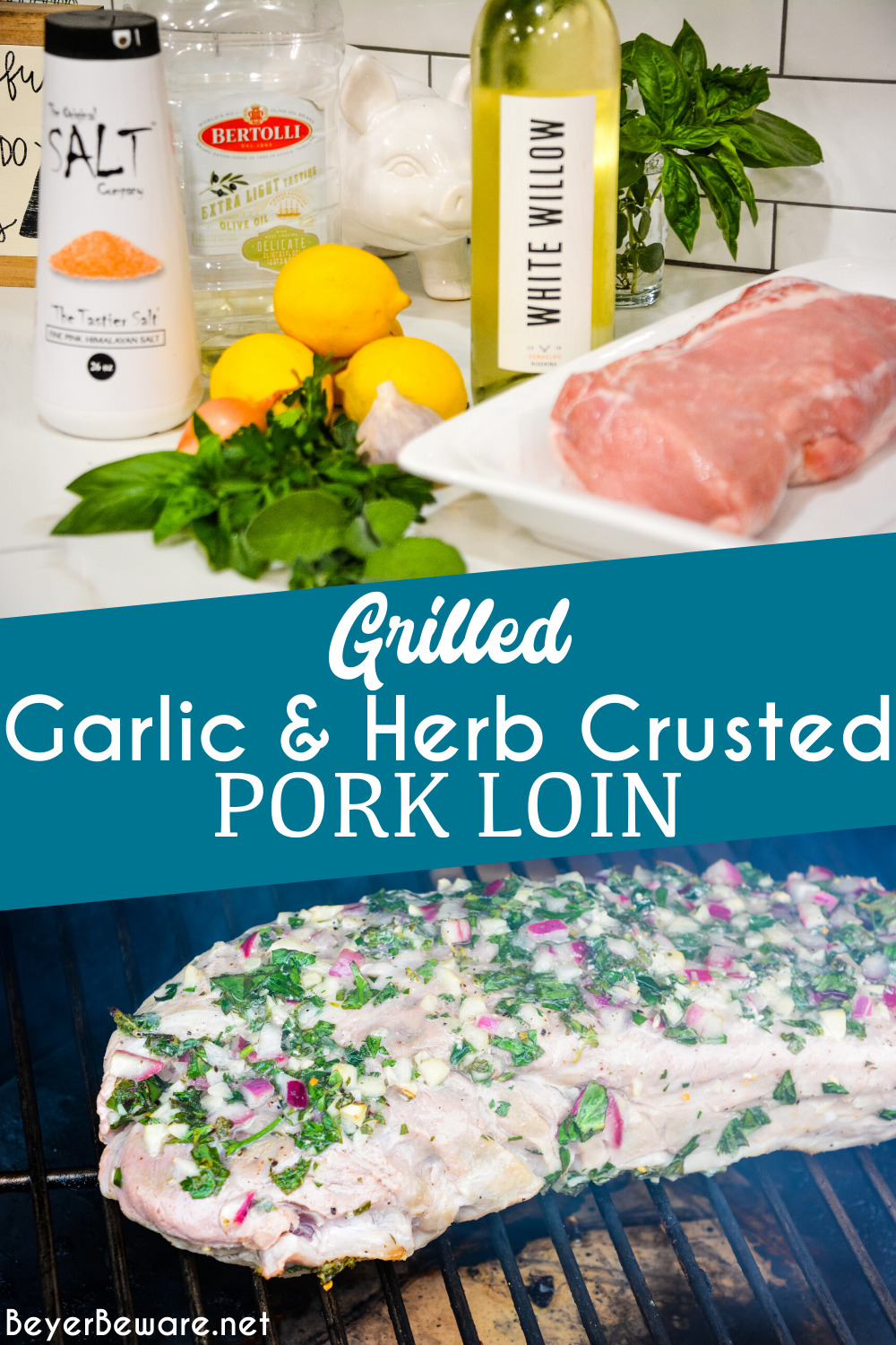 Garlic and Herb Crusted Grilled Pork Loin uses fresh herbs, garlic, and onions with simple wine, lemon juice, and oil marinade then grilled to juicy pork loin perfection. 