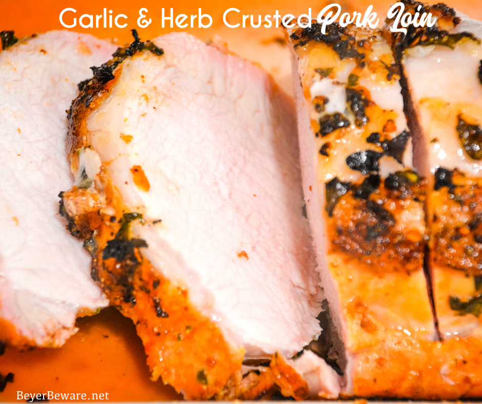 Garlic and Herb Crusted Grilled Pork Loin uses fresh herbs, garlic, and onions with simple wine, lemon juice, and oil marinade then grilled to juicy pork loin perfection. 