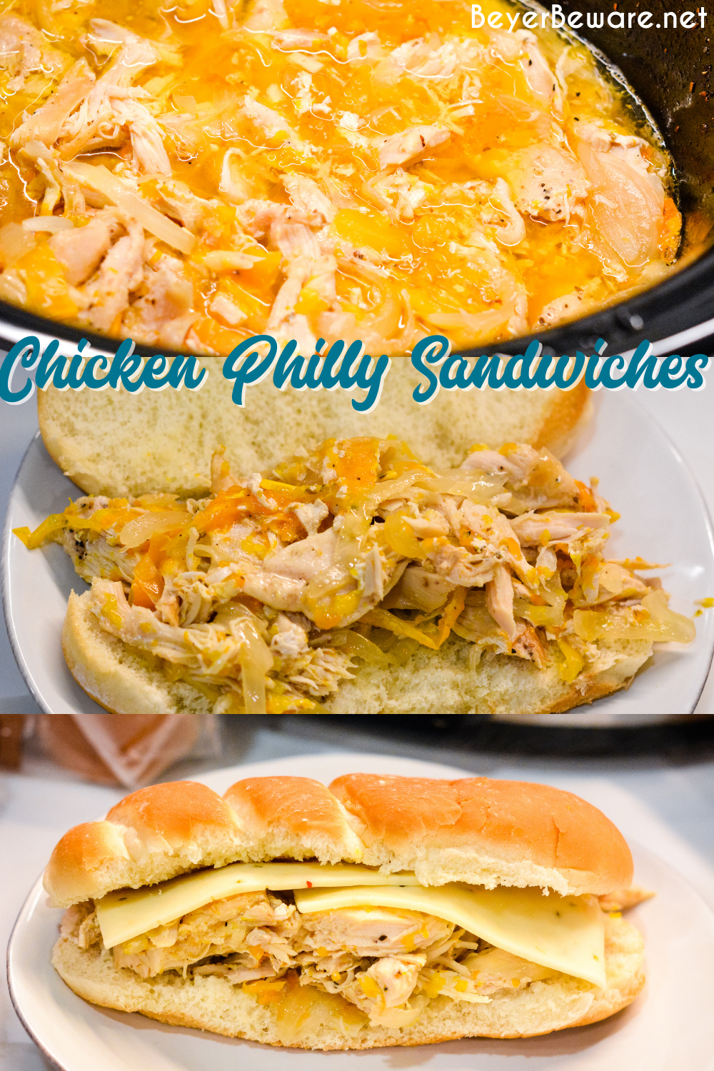 Crock pot chicken philly sandwiches are an easy pulled chicken sandwiches made with onion, peppers, chicken, steak seasoning, and butter.