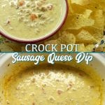 Crock Pot Sausage Queso dip easy 3-ingredient cheesy sausage Rotel Velveeta dip that you can have ready in two hours in the crockpot.