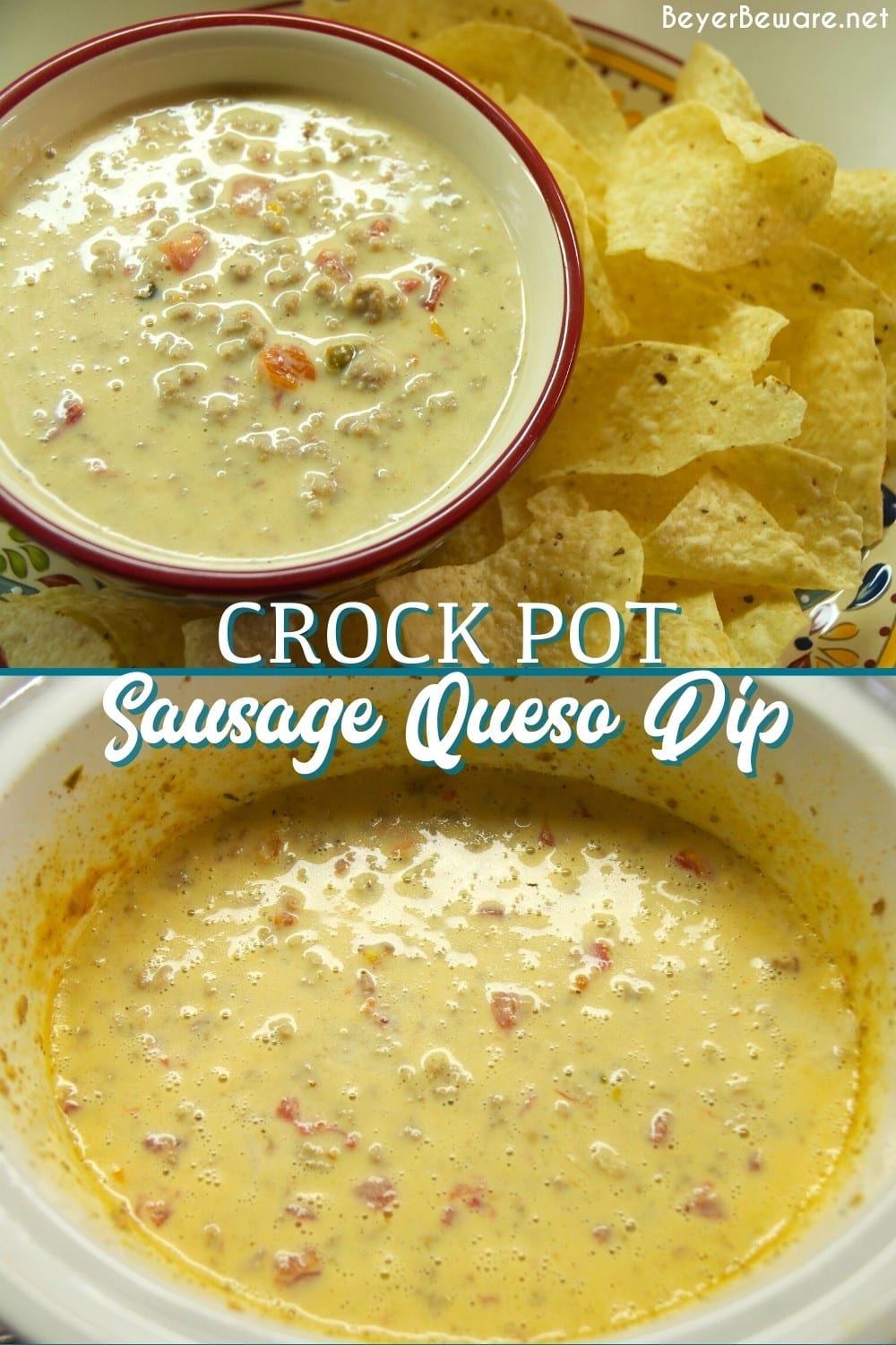 Crock Pot Sausage Queso dip easy 3-ingredient cheesy sausage Rotel Velveeta dip that you can have ready in two hours in the crockpot.