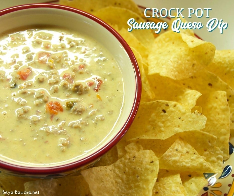 Crock Pot Sausage Queso dip easy 3-ingredient cheesy sausage Rotel Velveeta dip that you can have ready in two hours in the crockpot.