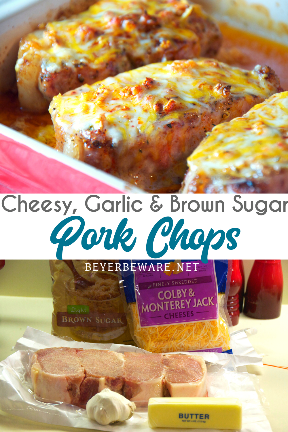 Cheesy garlic and brown sugar pork chops are a simple pork chops recipe cooked in the oven in under 30 minutes for an easy weeknight meal.