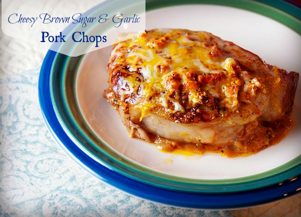This cheesy garlic and brown sugar pork chops recipe is 6 simple ingredients and amazing flavor for a great weeknight meal.