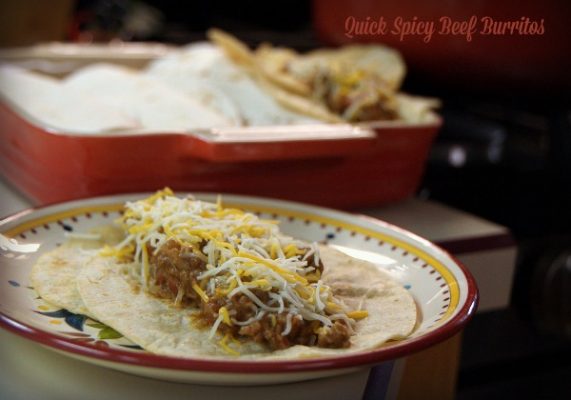 Quick Spicy Beef burritos on corn tortillas