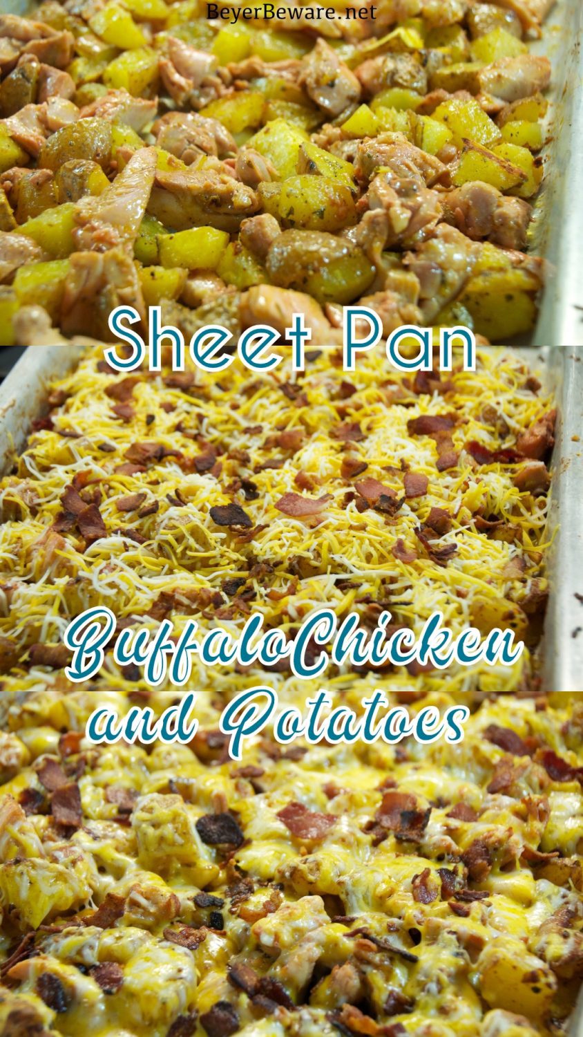 Buffalo chicken wing lovers will love this sheet pan loaded buffalo chicken and potatoes casserole recipe drenched in cheese in bacon.