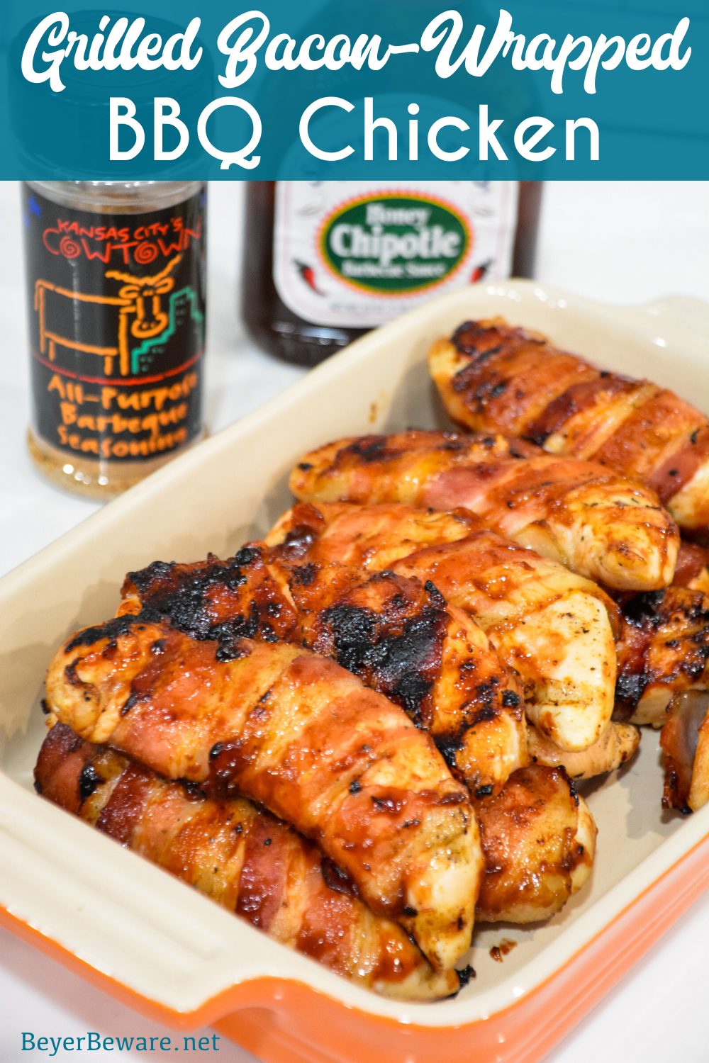 Grilled bacon-wrapped BBQ chicken recipe is lightly seasoned chicken tenderloins that are then wrapped in bacon and then coated in a doctored up barbeque sauce before quickly grilling to perfection.