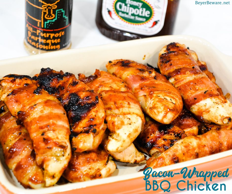 Grilled bacon-wrapped BBQ chicken recipe is lightly seasoned chicken tenderloins that are then wrapped in bacon and then coated in a doctored up barbeque sauce before quickly grilling to perfection.