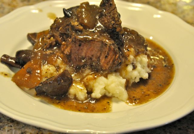 Slow Cooked Beef and mushrooms in red wine