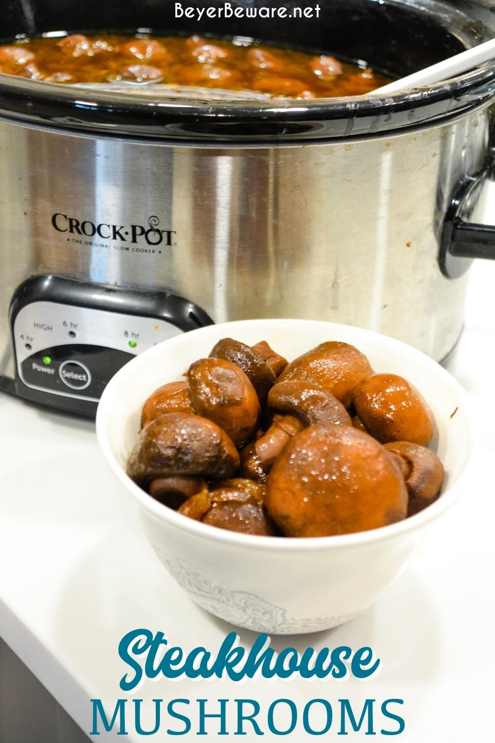 Hands down the best steakhouse mushrooms recipe! You will have everyone asking you for the recipe for these crock pot mushrooms and onions.