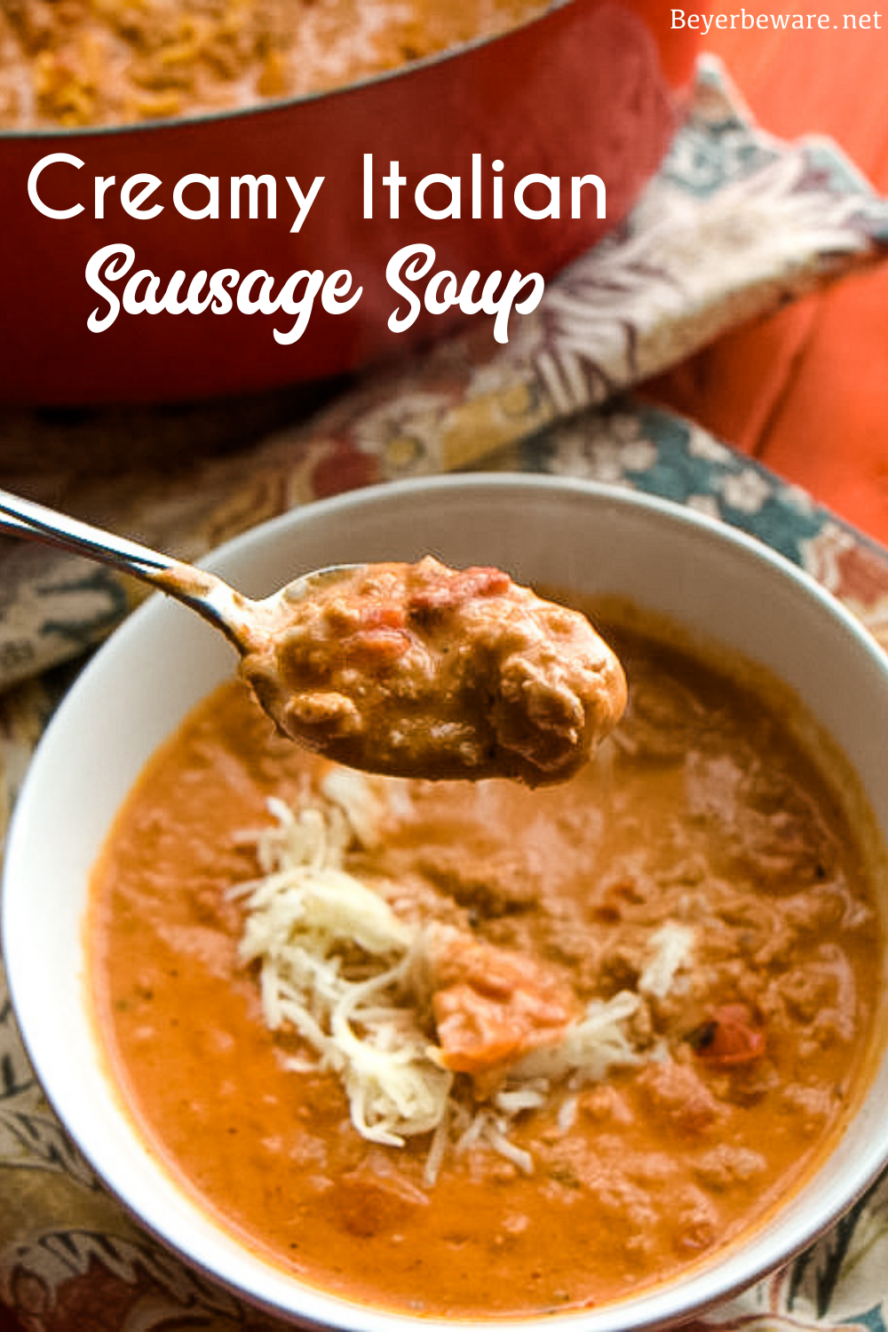 Creamy Italian Sausage Soup recipe is my new go-to tomato and sausage soup recipe that is rich and hearty, perfect for an easy dinner.