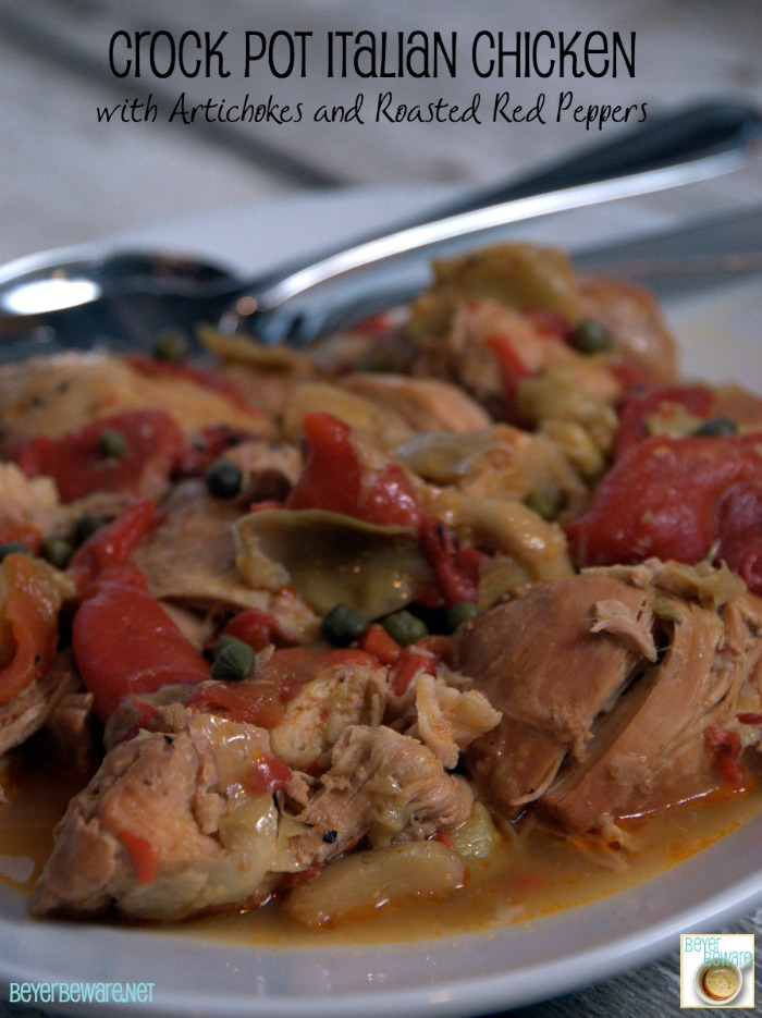This crock pot Italian chicken recipe is full of flavor with the artichokes, roasted red peppers, capers and of course white wine.