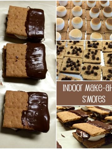 Indoor Make-ahead S'mores are an easy recipe that can be made up in large quantities prior to any event where an easy to distribute and eat dessert is needed.