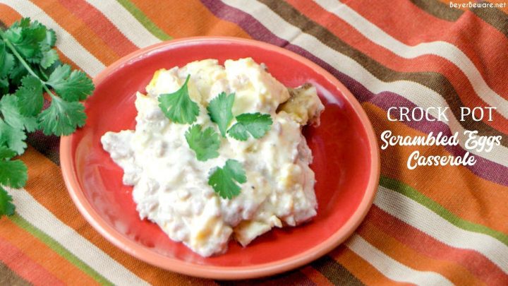 Crock Pot Scrambled Eggs Casserole is a great recipe for scrambled in the crock pot that comes out fluffy and creamy.