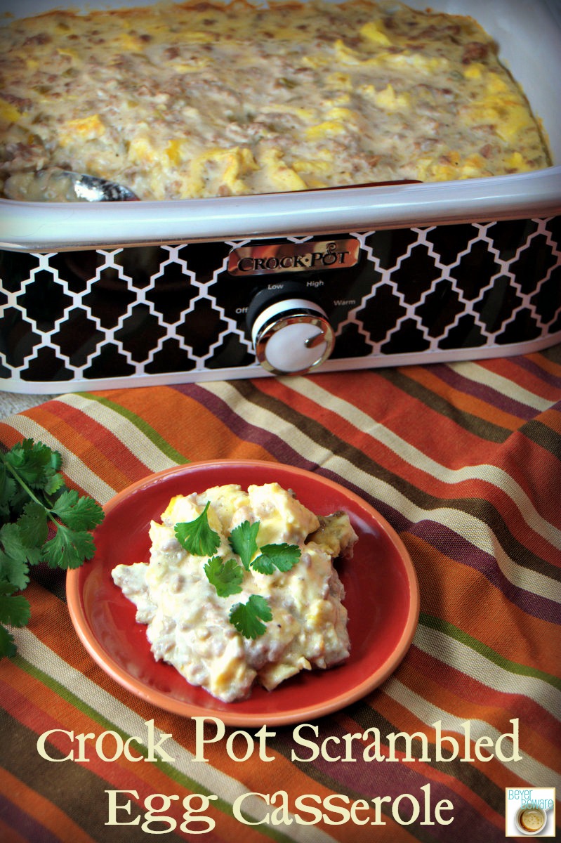 Crock Pot Scrambled Egg Casserole with sausage and green chilis is a great breakfast for supper meal that can dropped in the crock pot and forgot about while you out doing evening activities.