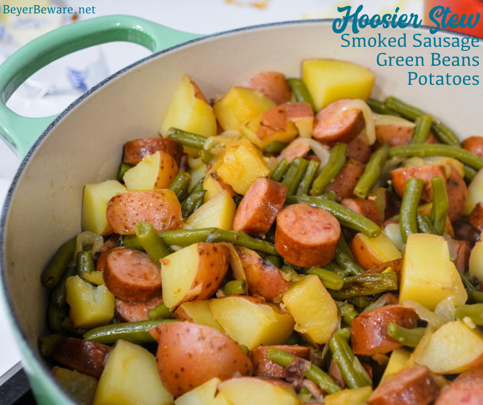 Hoosier Stew is Indiana comfort food with fresh green beans, red potatoes, and smoked sausage that has simmered in caramelized onions and garlic for an easy dinner recipe.