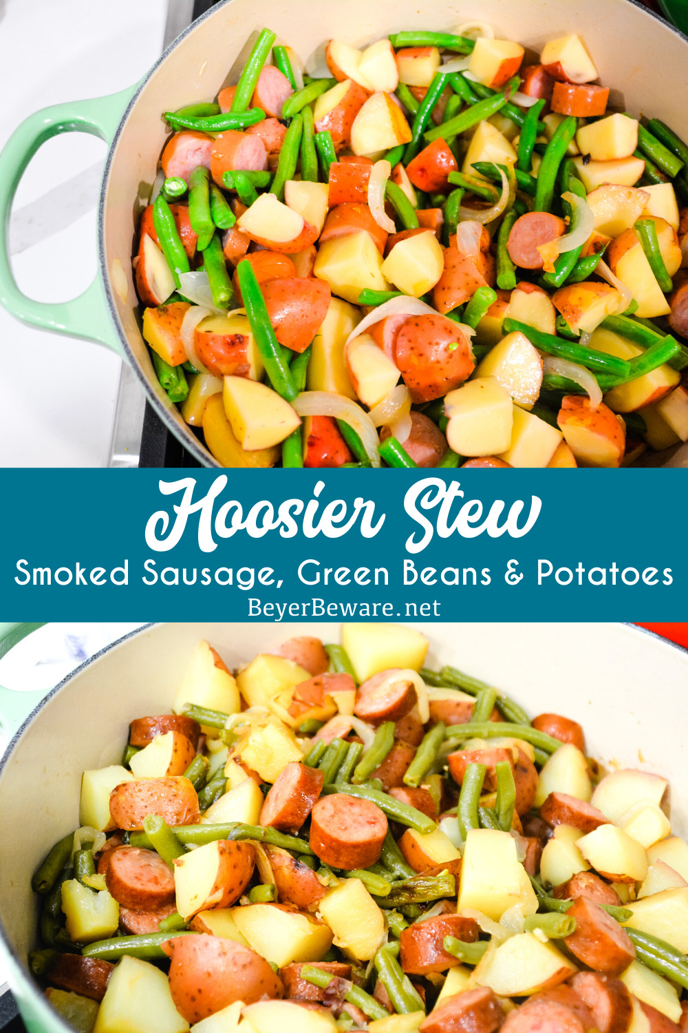 Hoosier Stew is Indiana comfort food with fresh green beans, red potatoes, and smoked sausage that has simmered in caramelized onions and garlic for an easy dinner recipe.