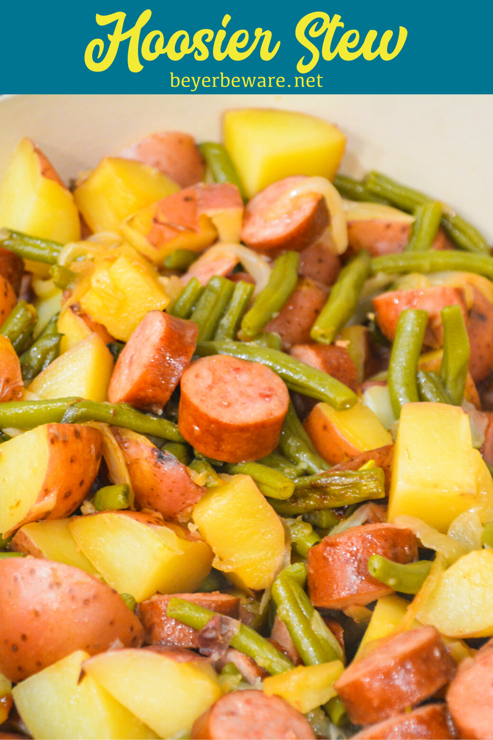 Hoosier Stew is Indiana comfort food with fresh green beans, red potatoes, and smoked sausage that has simmered in caramelized onions and garlic for an easy dinner recipe.